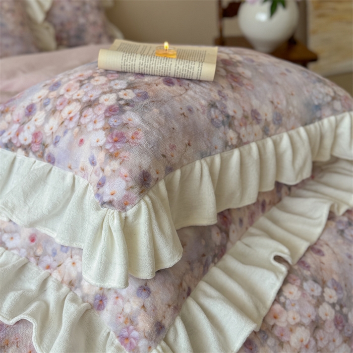 91家纺网 家纺一手货源 找家纺 潘朵拉家纺 2025全消光牛奶绒数码印花款四件套 粉紫花韵