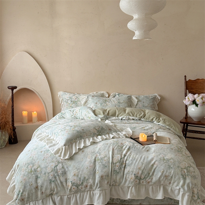 潘朵拉家纺 2025全消光牛奶绒数码印花款四件套 绿汀