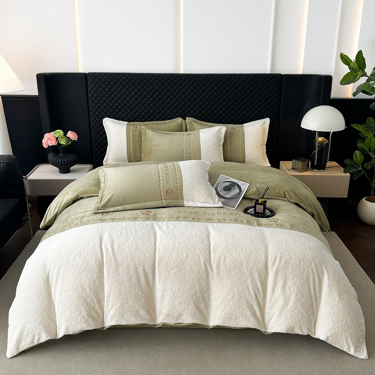 91家纺网 家纺一手货源 找家纺 沐棉家居 2025新款字母刺绣雕花牛奶绒四件套 花园·绿