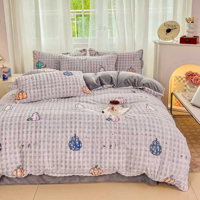 91家纺网 家纺一手货源 找家纺 梦纤绒 2025新款保暖舒适亲肤泡泡绒四件套灰南瓜