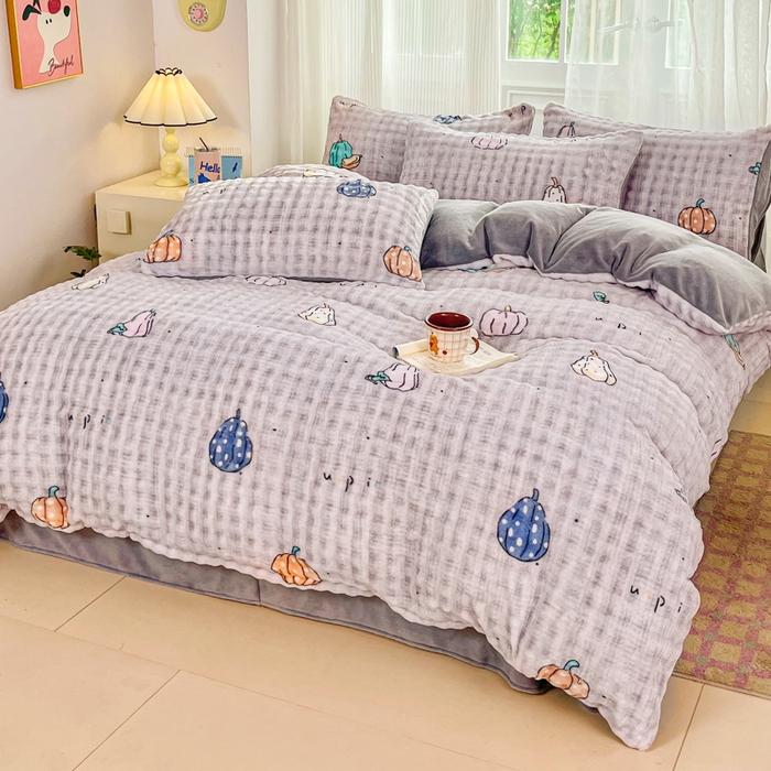 91家纺网 家纺一手货源 找家纺 梦纤绒 2025新款保暖舒适亲肤泡泡绒四件套灰南瓜