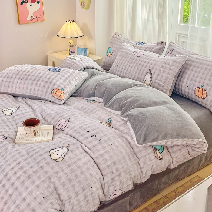 91家纺网 家纺一手货源 找家纺 梦纤绒 2025新款保暖舒适亲肤泡泡绒四件套灰南瓜