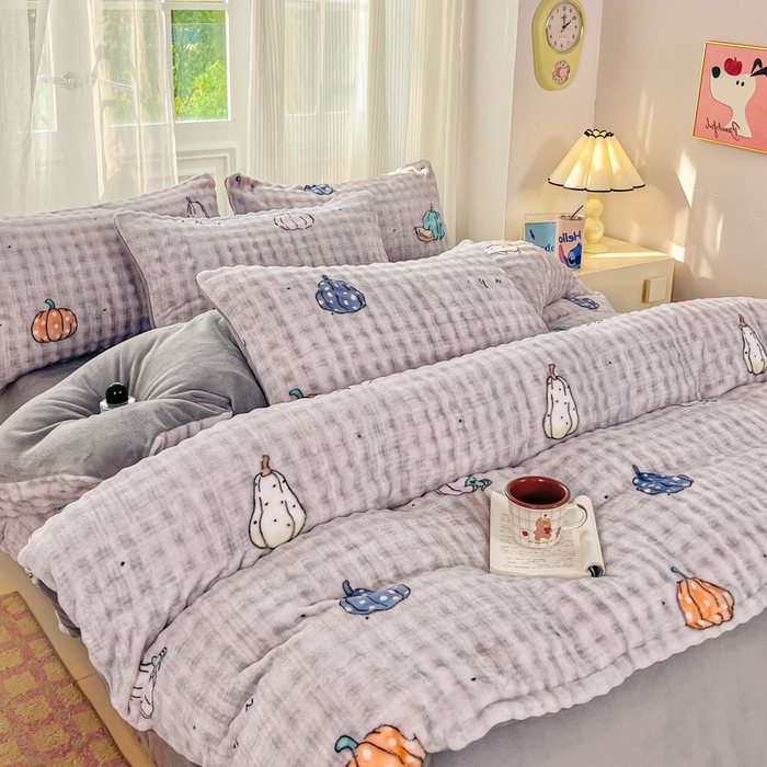 91家纺网 家纺一手货源 找家纺 梦纤绒 2025新款保暖舒适亲肤泡泡绒四件套灰南瓜