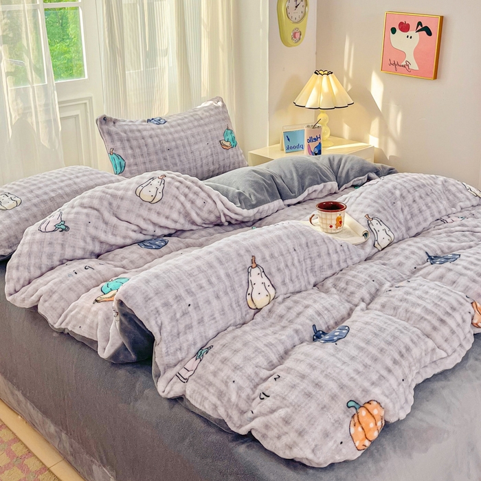 91家纺网 家纺一手货源 找家纺 梦纤绒 2025新款保暖舒适亲肤泡泡绒四件套灰南瓜