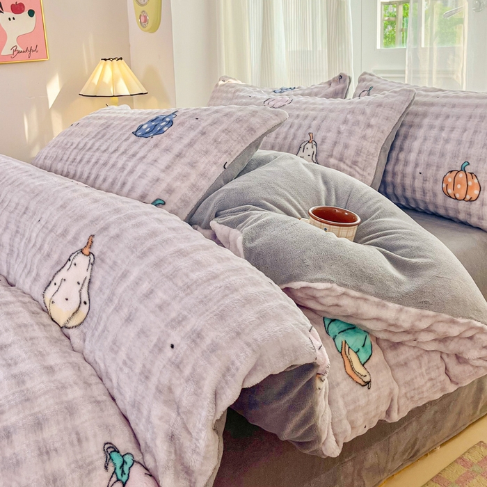 91家纺网 家纺一手货源 找家纺 梦纤绒 2025新款保暖舒适亲肤泡泡绒四件套灰南瓜