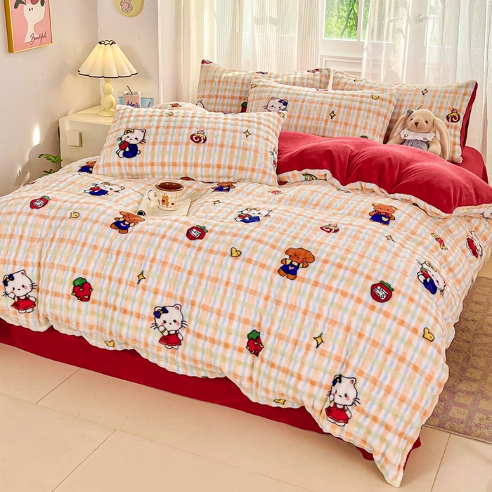 91家纺网 家纺一手货源 找家纺 梦纤绒 2025新款保暖舒适亲肤泡泡绒四件套格子动物园