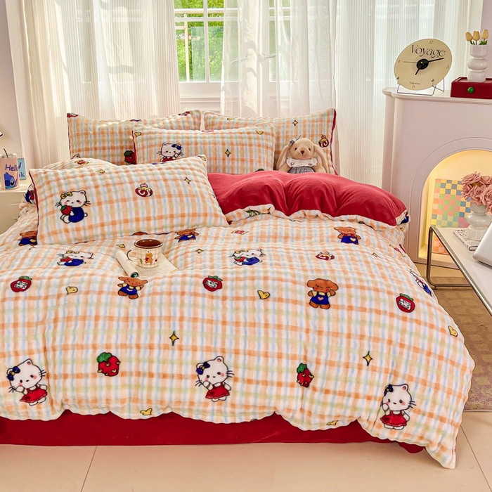 91家纺网 家纺一手货源 找家纺 梦纤绒 2025新款保暖舒适亲肤泡泡绒四件套格子动物园