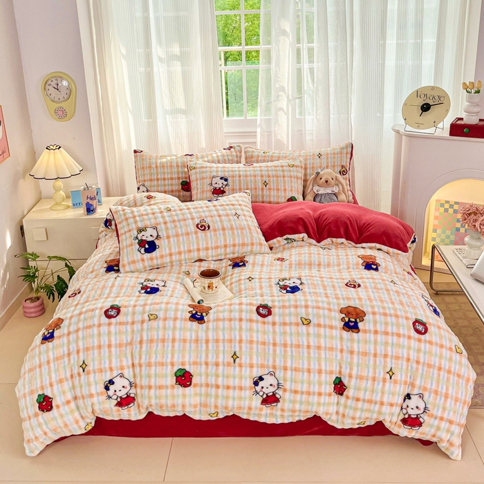 梦纤绒 2025新款保暖舒适亲肤泡泡绒四件套格子动物园