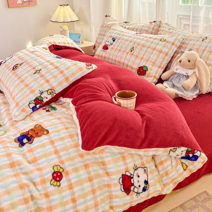 91家纺网 家纺一手货源 找家纺 梦纤绒 2025新款保暖舒适亲肤泡泡绒四件套格子动物园