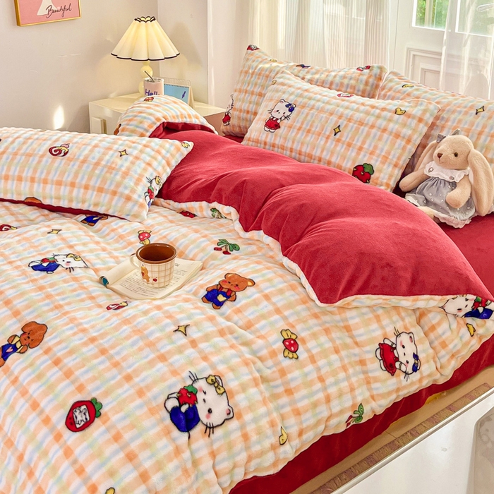 91家纺网 家纺一手货源 找家纺 梦纤绒 2025新款保暖舒适亲肤泡泡绒四件套格子动物园