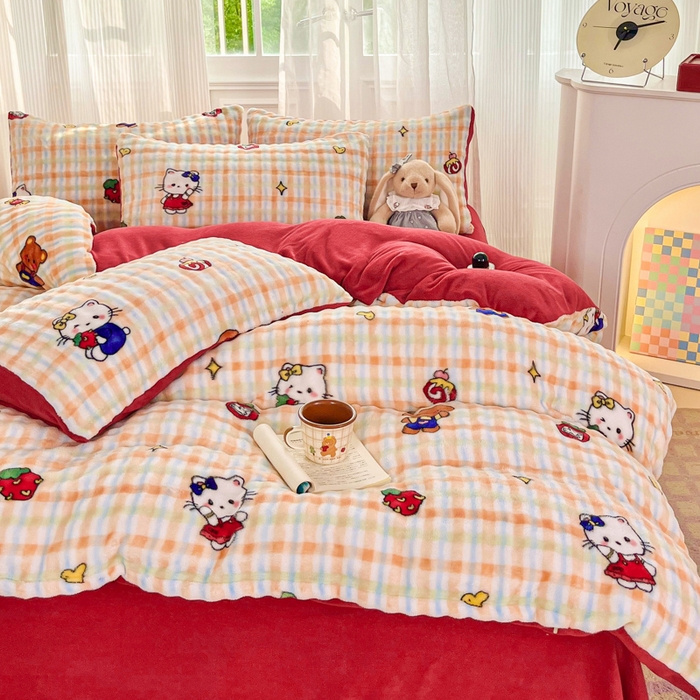 91家纺网 家纺一手货源 找家纺 梦纤绒 2025新款保暖舒适亲肤泡泡绒四件套格子动物园