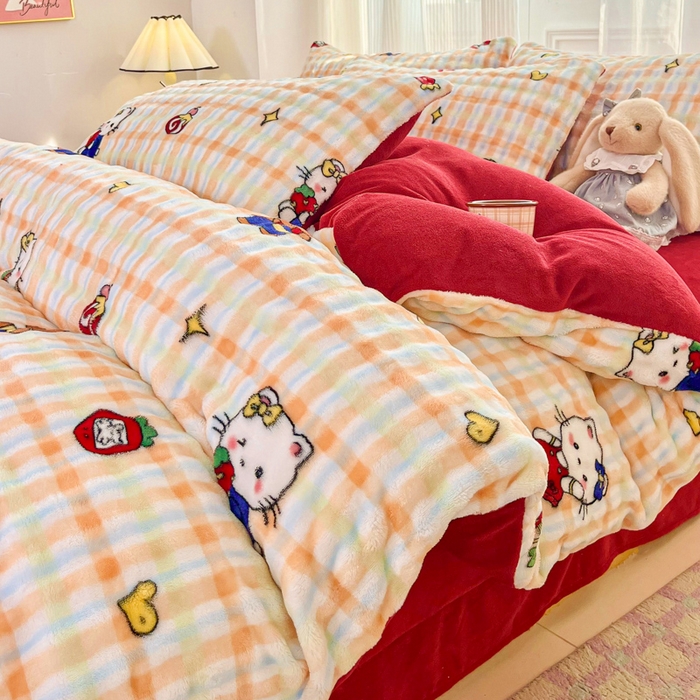 91家纺网 家纺一手货源 找家纺 梦纤绒 2025新款保暖舒适亲肤泡泡绒四件套格子动物园