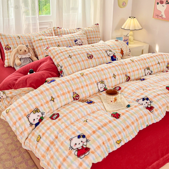 91家纺网 家纺一手货源 找家纺 梦纤绒 2025新款保暖舒适亲肤泡泡绒四件套格子动物园