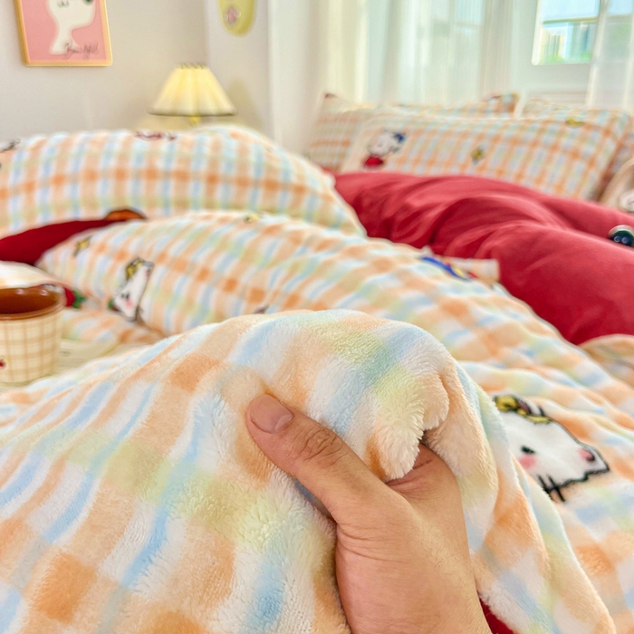 91家纺网 家纺一手货源 找家纺 梦纤绒 2025新款保暖舒适亲肤泡泡绒四件套格子动物园