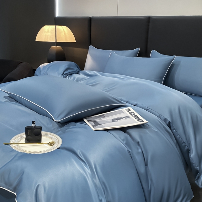 91家纺网 家纺一手货源 找家纺 悦然毛巾被 2025新款全棉纯棉素色双拼四件套 宾利蓝