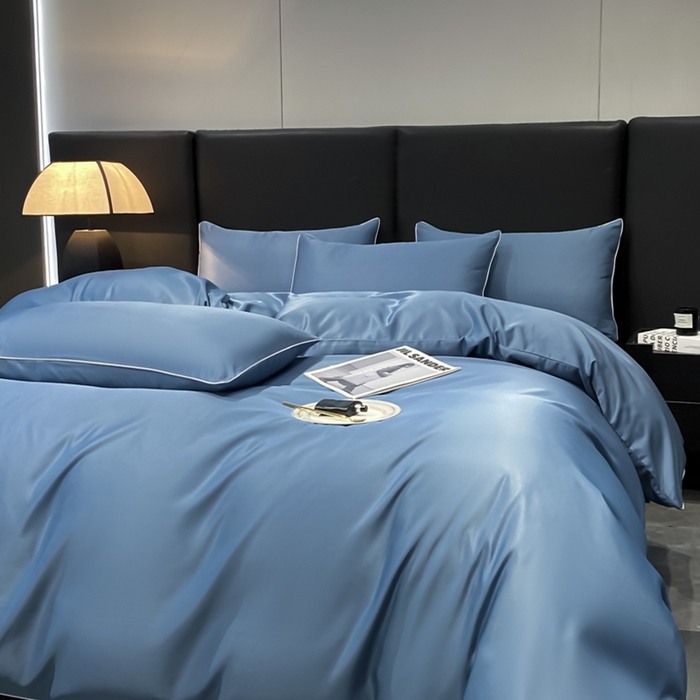 91家纺网 家纺一手货源 找家纺 悦然毛巾被 2025新款全棉纯棉素色双拼四件套 宾利蓝