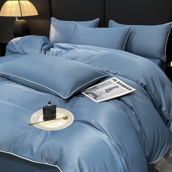 91家纺网 家纺一手货源 找家纺 悦然毛巾被 2025新款全棉纯棉素色双拼四件套 宾利蓝