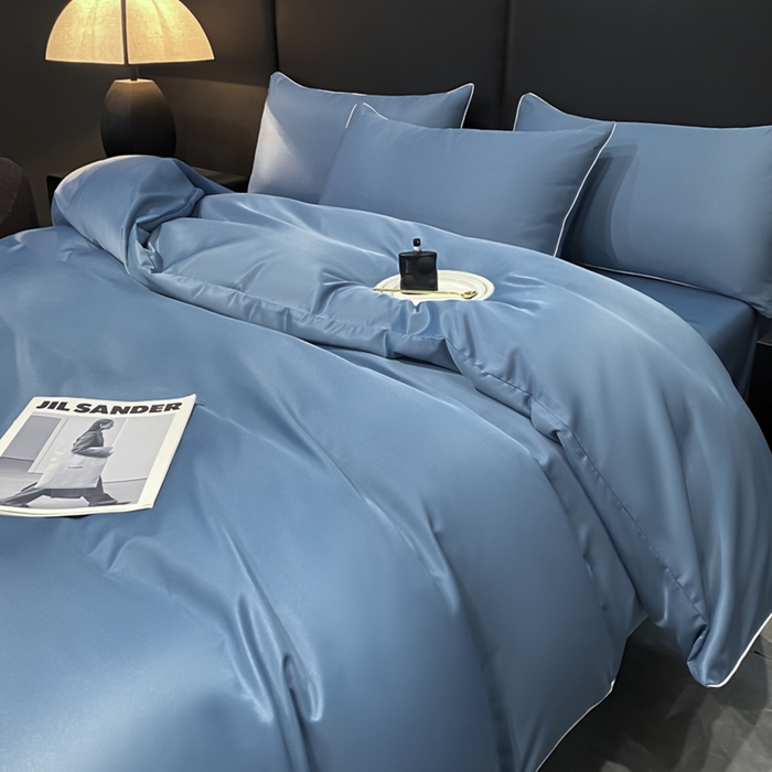 91家纺网 家纺一手货源 找家纺 悦然毛巾被 2025新款全棉纯棉素色双拼四件套 宾利蓝