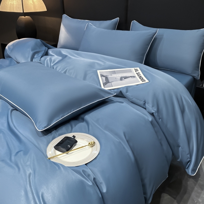 91家纺网 家纺一手货源 找家纺 悦然毛巾被 2025新款全棉纯棉素色双拼四件套 宾利蓝