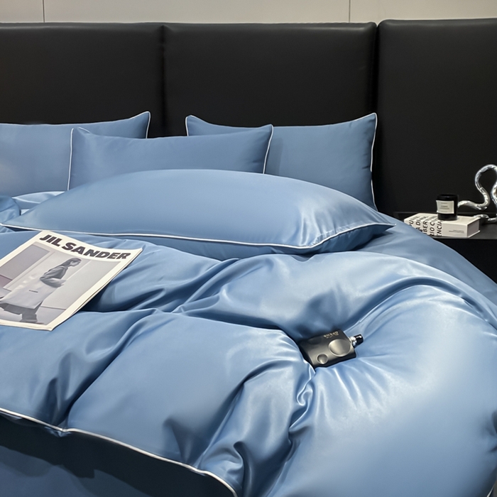 91家纺网 家纺一手货源 找家纺 悦然毛巾被 2025新款全棉纯棉素色双拼四件套 宾利蓝