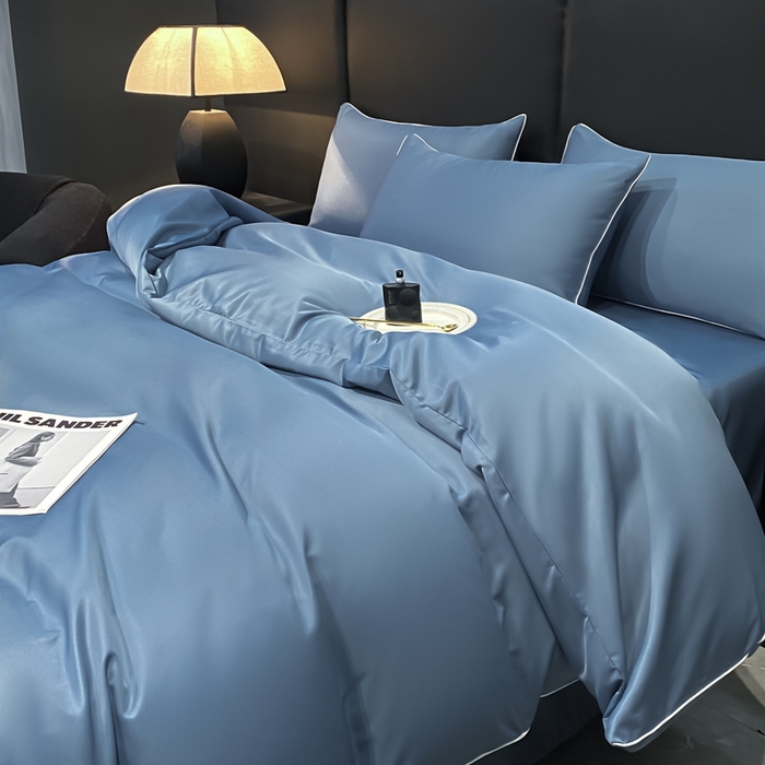 91家纺网 家纺一手货源 找家纺 悦然毛巾被 2025新款全棉纯棉素色双拼四件套 宾利蓝