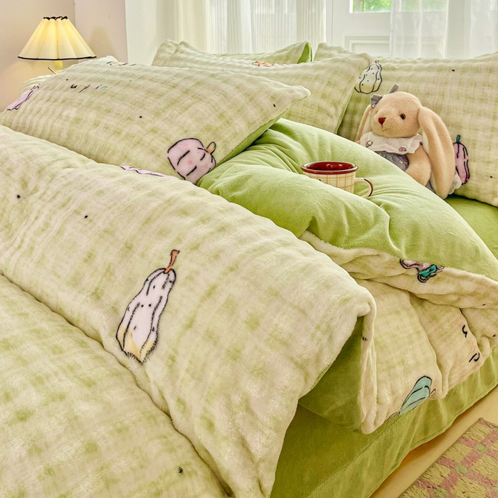 91家纺网 家纺一手货源 找家纺 梦纤绒 2025新款保暖舒适亲肤泡泡绒四件套绿南瓜