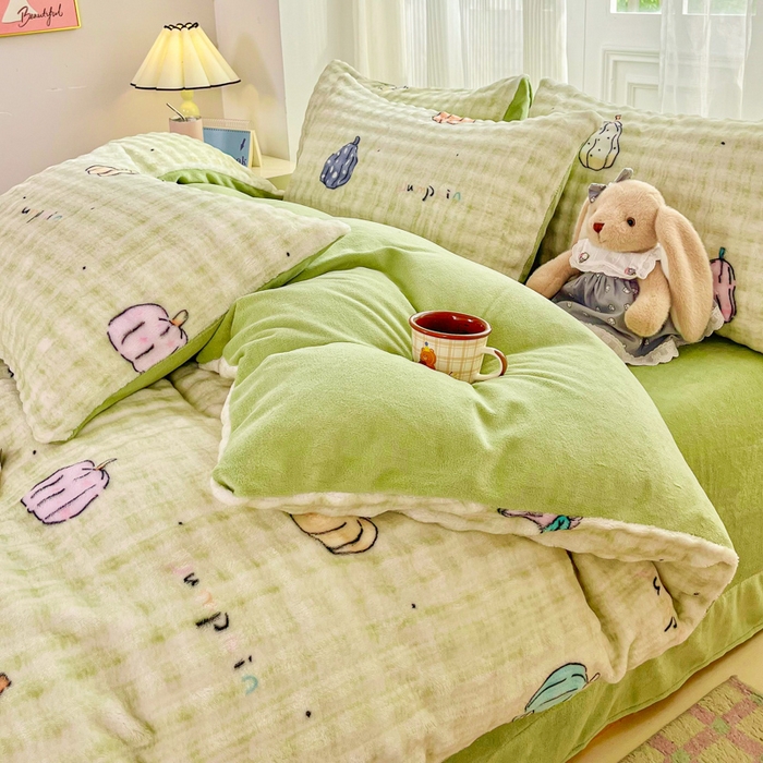 91家纺网 家纺一手货源 找家纺 梦纤绒 2025新款保暖舒适亲肤泡泡绒四件套绿南瓜