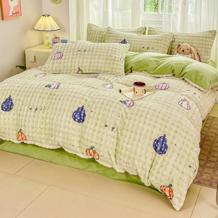 91家纺网 家纺一手货源 找家纺 梦纤绒 2025新款保暖舒适亲肤泡泡绒四件套绿南瓜