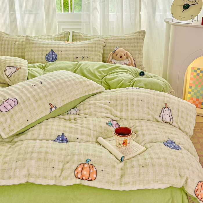 91家纺网 家纺一手货源 找家纺 梦纤绒 2025新款保暖舒适亲肤泡泡绒四件套绿南瓜