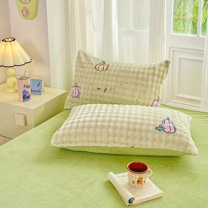 91家纺网 家纺一手货源 找家纺 梦纤绒 2025新款保暖舒适亲肤泡泡绒四件套绿南瓜