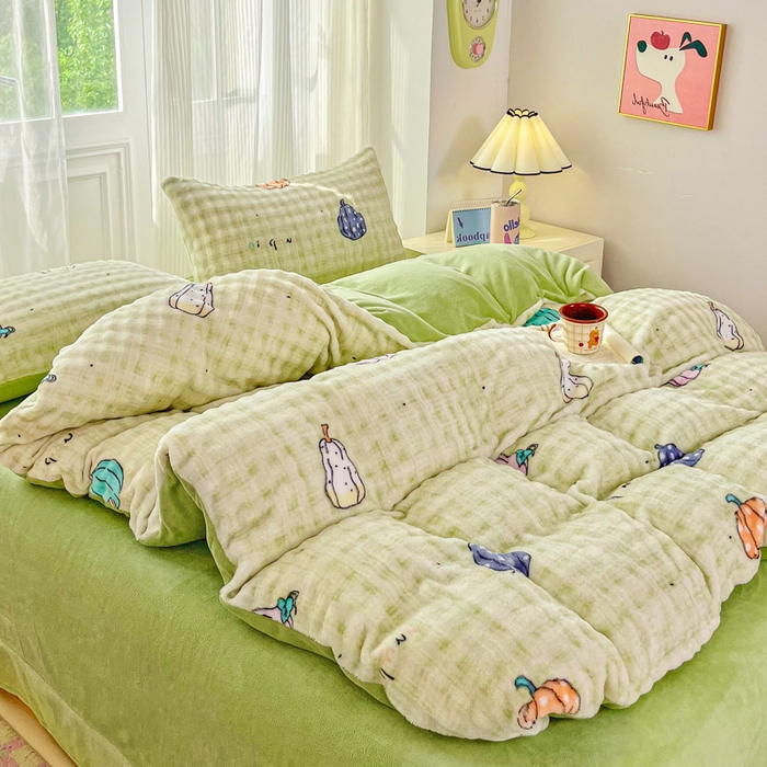 91家纺网 家纺一手货源 找家纺 梦纤绒 2025新款保暖舒适亲肤泡泡绒四件套绿南瓜