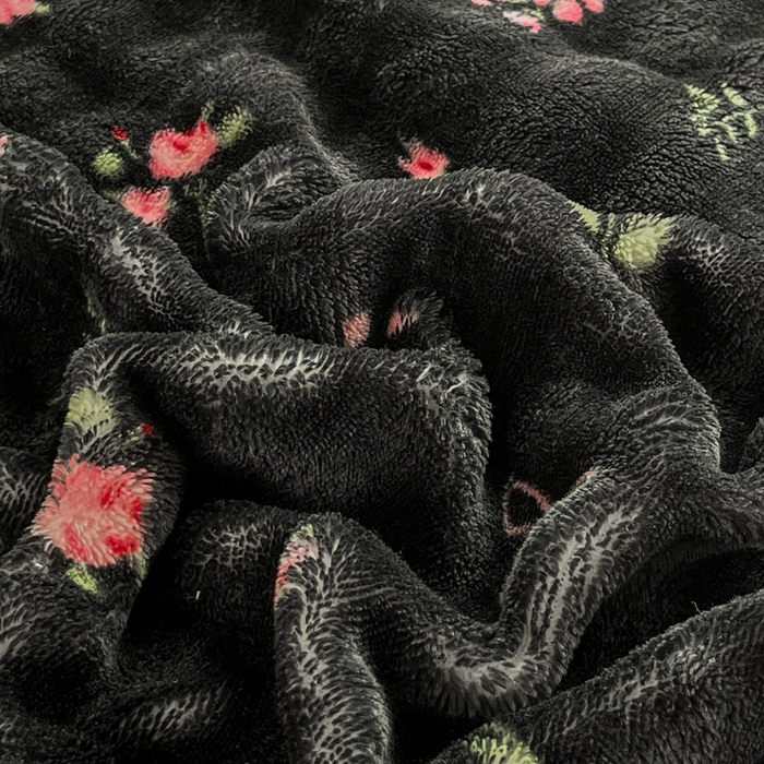 91家纺网 家纺一手货源 找家纺 梦纤绒 2025新款保暖舒适亲肤泡泡绒四件套黑底小红花