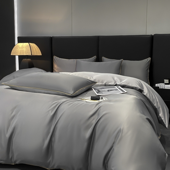 91家纺网 家纺一手货源 找家纺 悦然毛巾被 2025新款全棉纯棉素色双拼四件套 都市灰+浅灰