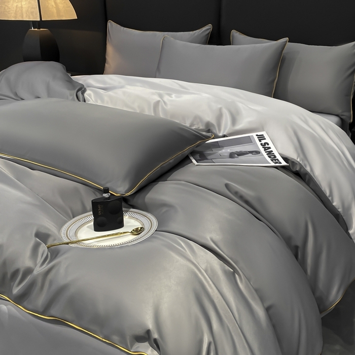 91家纺网 家纺一手货源 找家纺 悦然毛巾被 2025新款全棉纯棉素色双拼四件套 都市灰+浅灰