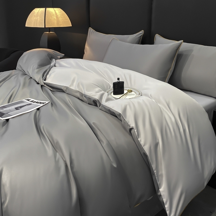 91家纺网 家纺一手货源 找家纺 悦然毛巾被 2025新款全棉纯棉素色双拼四件套 都市灰+浅灰