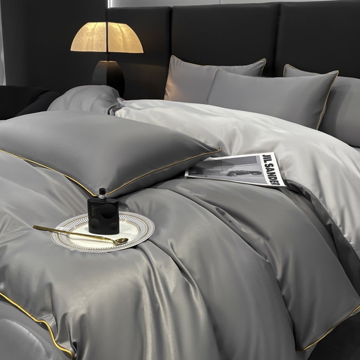 91家纺网 家纺一手货源 找家纺 悦然毛巾被 2025新款全棉纯棉素色双拼四件套 都市灰+浅灰