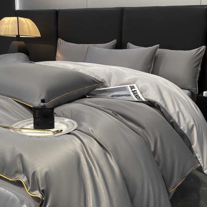 91家纺网 家纺一手货源 找家纺 悦然毛巾被 2025新款全棉纯棉素色双拼四件套 都市灰+浅灰