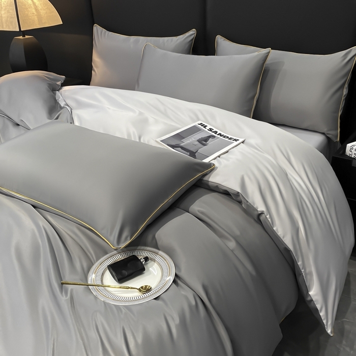 91家纺网 家纺一手货源 找家纺 悦然毛巾被 2025新款全棉纯棉素色双拼四件套 都市灰+浅灰