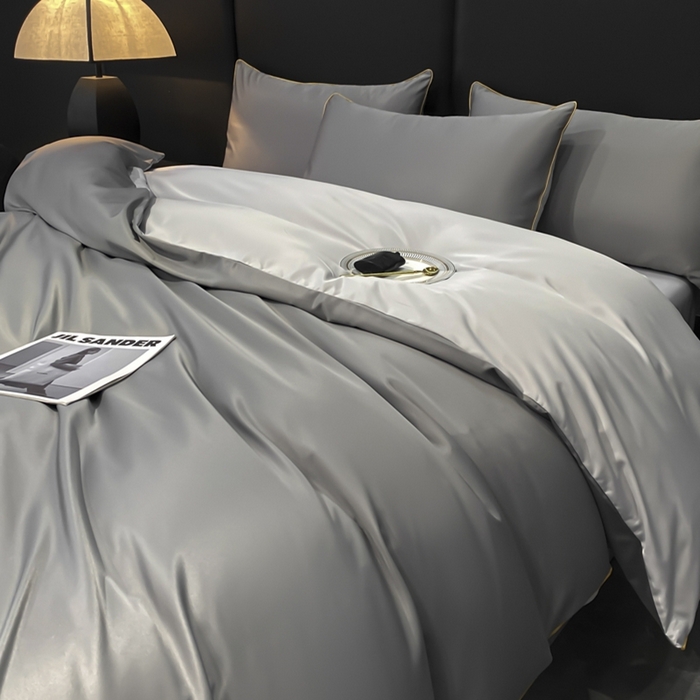 91家纺网 家纺一手货源 找家纺 悦然毛巾被 2025新款全棉纯棉素色双拼四件套 都市灰+浅灰