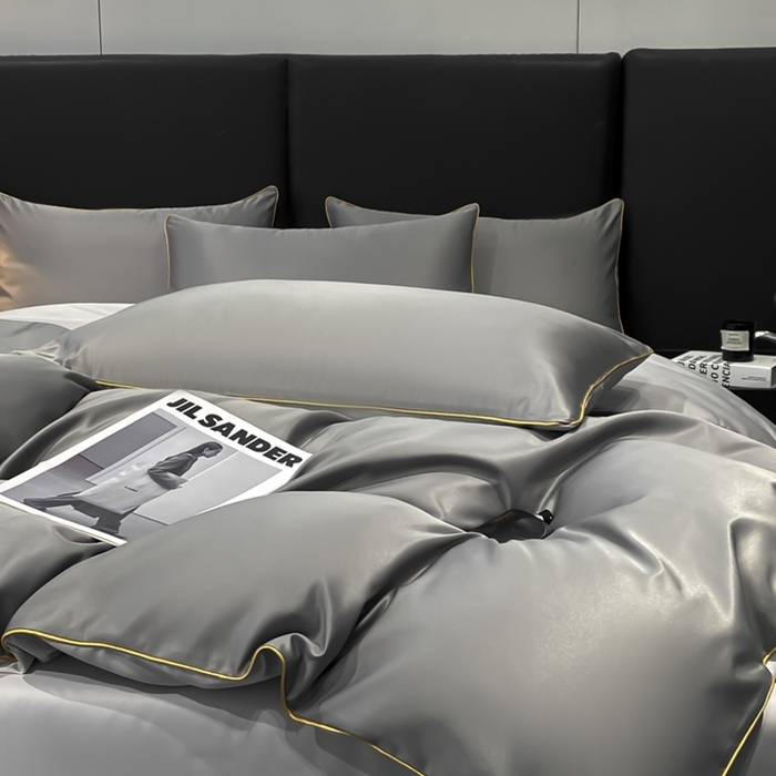 91家纺网 家纺一手货源 找家纺 悦然毛巾被 2025新款全棉纯棉素色双拼四件套 都市灰+浅灰