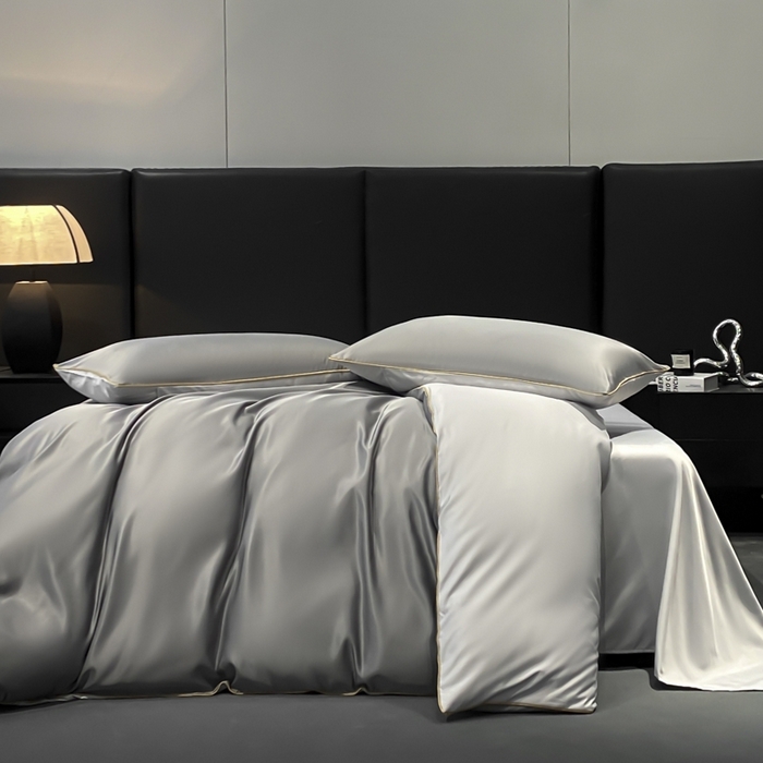 91家纺网 家纺一手货源 找家纺 悦然毛巾被 2025新款全棉纯棉素色双拼四件套 都市灰+浅灰