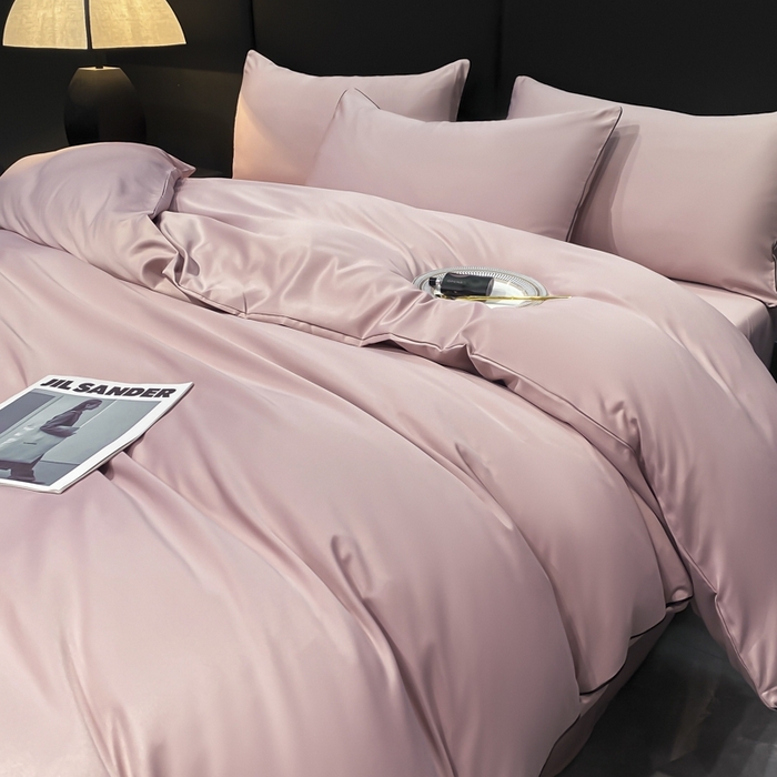 91家纺网 家纺一手货源 找家纺 悦然毛巾被 2025新款全棉纯棉素色双拼四件套 豆沙粉