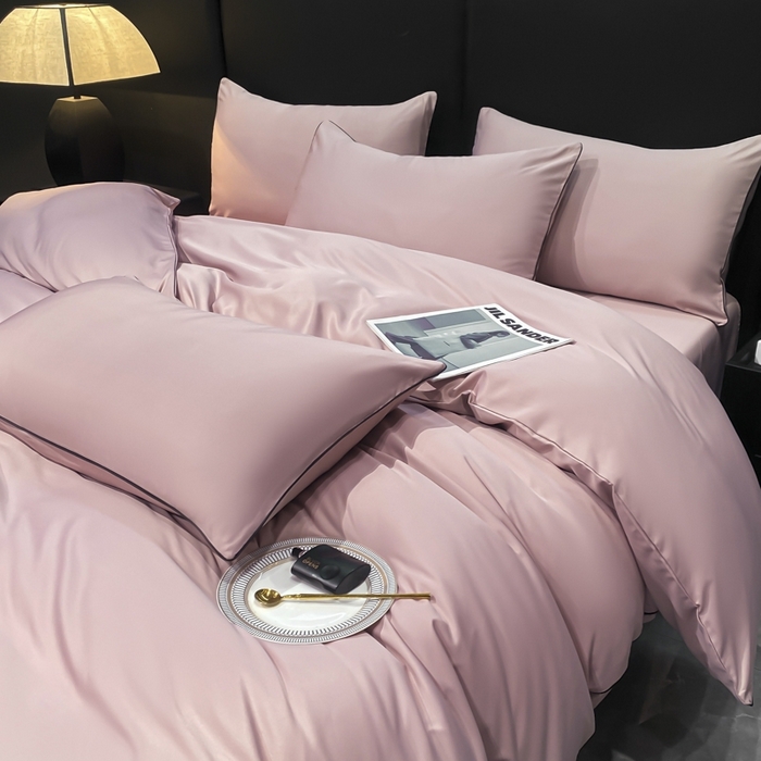 91家纺网 家纺一手货源 找家纺 悦然毛巾被 2025新款全棉纯棉素色双拼四件套 豆沙粉