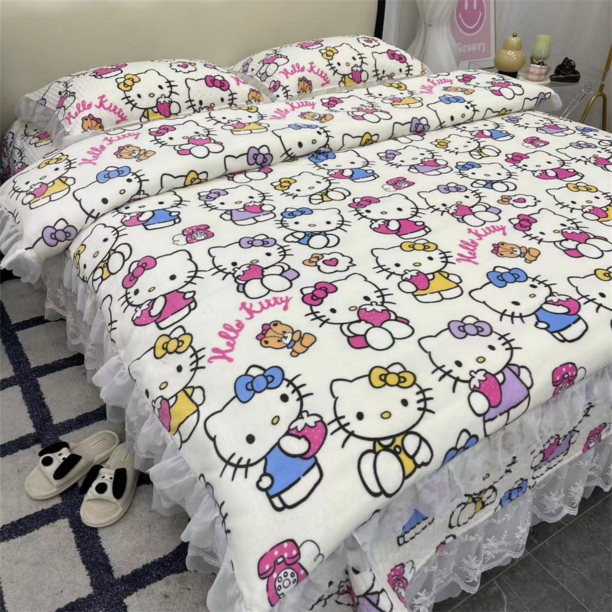 91家纺网 家纺一手货源 找家纺 禧瑞谷 2025新款冬季牛奶绒双层蕾丝花边床盖三件套床盖四件套 KT猫