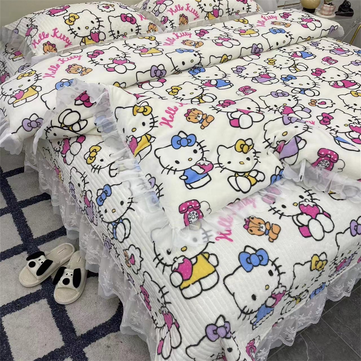 91家纺网 家纺一手货源 找家纺 禧瑞谷 2025新款冬季牛奶绒双层蕾丝花边床盖三件套床盖四件套 KT猫