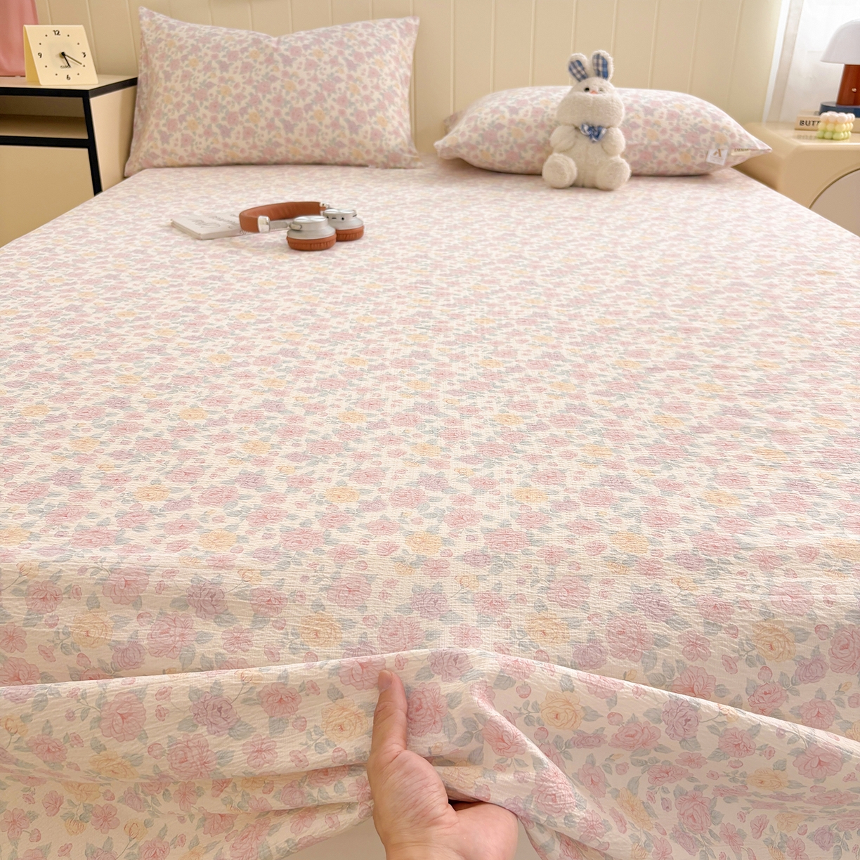 91家纺网 家纺一手货源 找家纺 （总）青泽家纺 2025新款水洗棉皱皱纱双层纱床单三件套