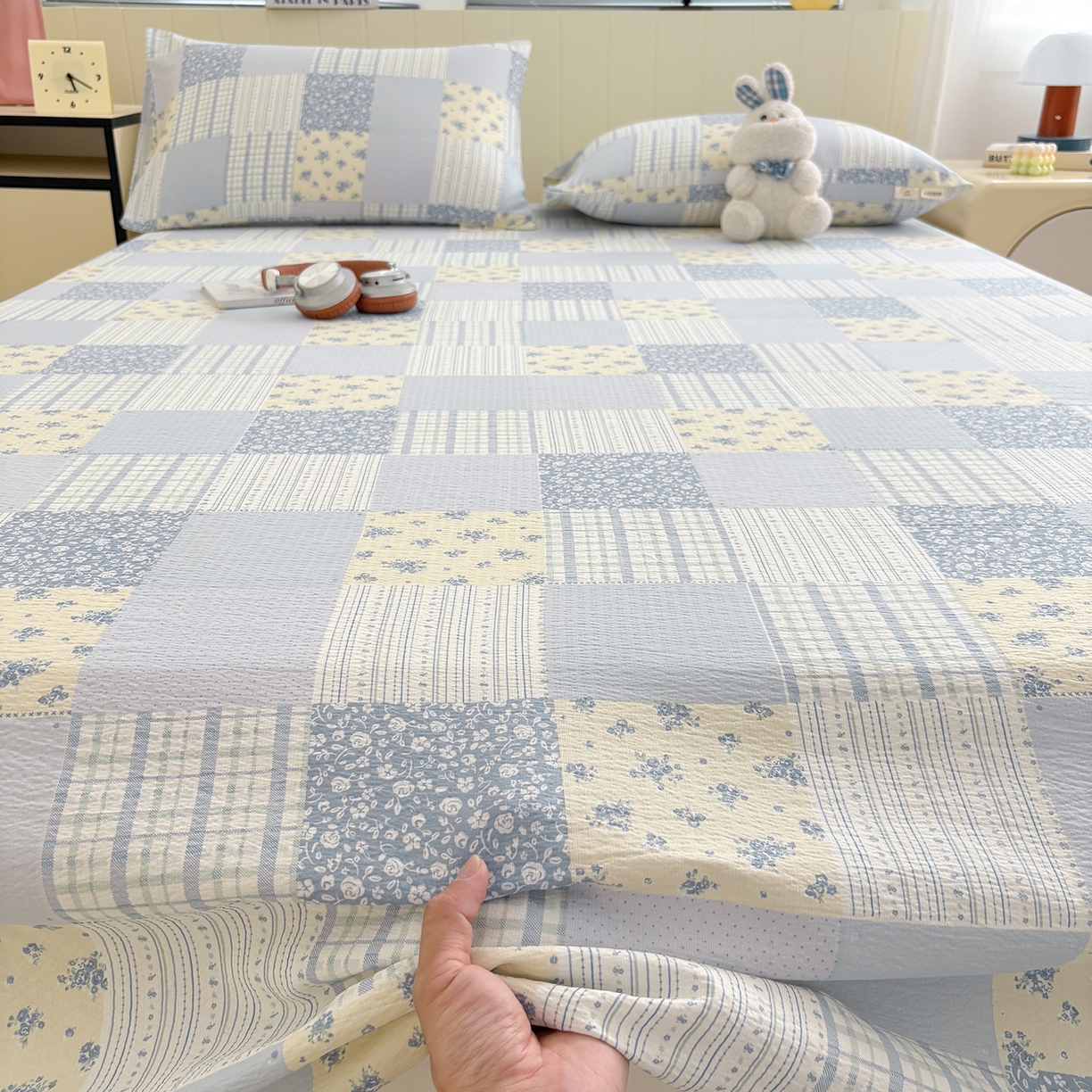 91家纺网 家纺一手货源 找家纺 （总）青泽家纺 2025新款水洗棉皱皱纱双层纱床单三件套