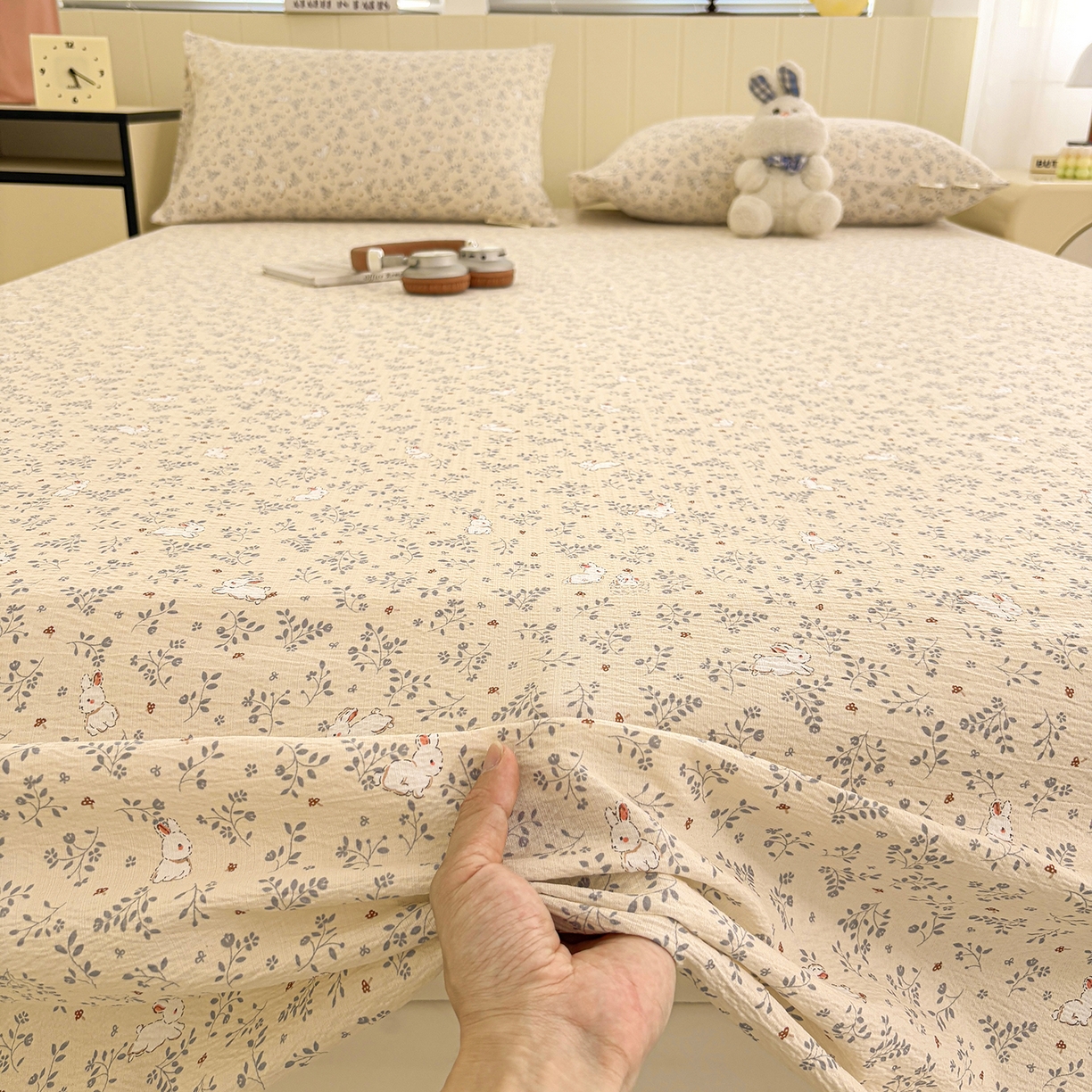 91家纺网 家纺一手货源 找家纺 （总）青泽家纺 2025新款水洗棉皱皱纱双层纱床单三件套