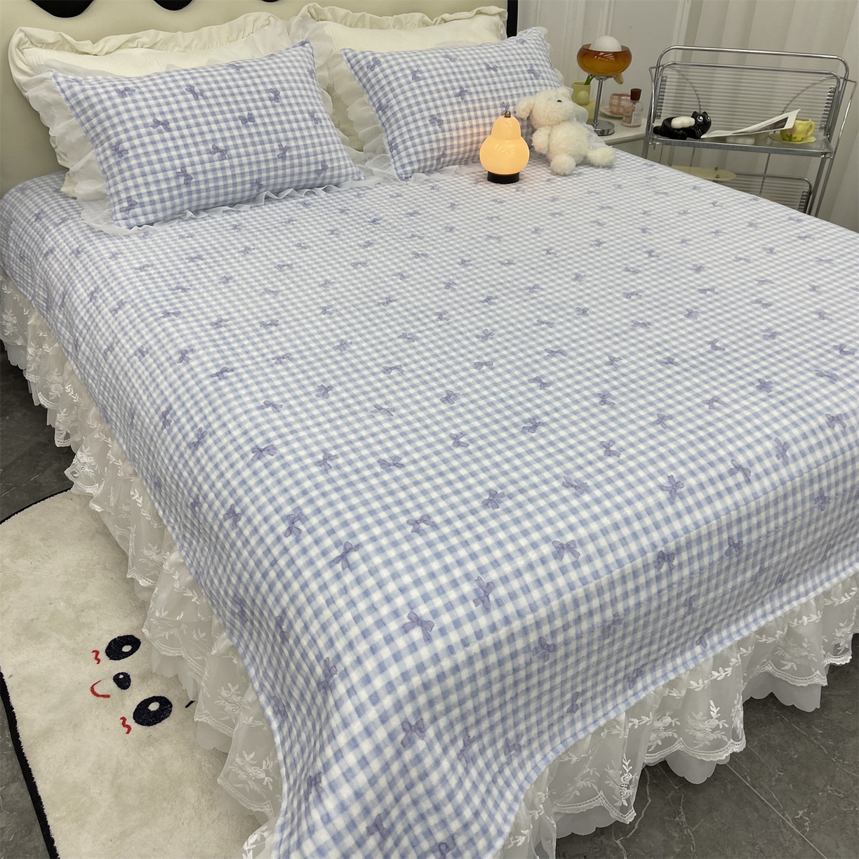 91家纺网 家纺一手货源 找家纺 禧瑞谷 2025新款冬季牛奶绒双层蕾丝花边床盖三件套床盖四件套 洛丽塔蓝