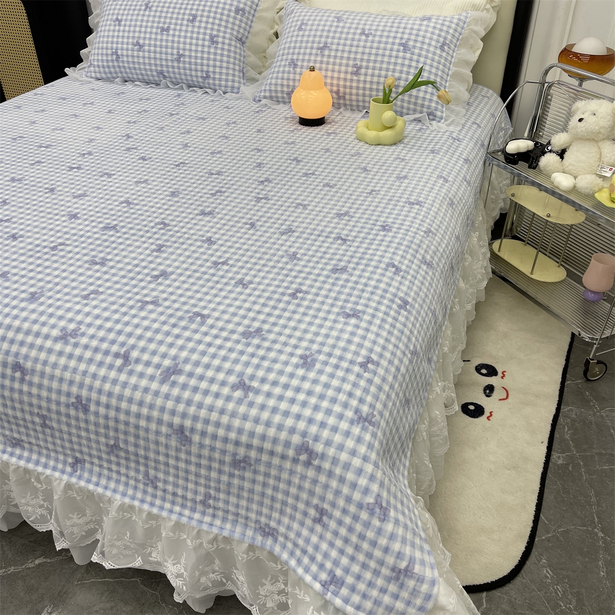 91家纺网 家纺一手货源 找家纺 禧瑞谷 2025新款冬季牛奶绒双层蕾丝花边床盖三件套床盖四件套 洛丽塔蓝